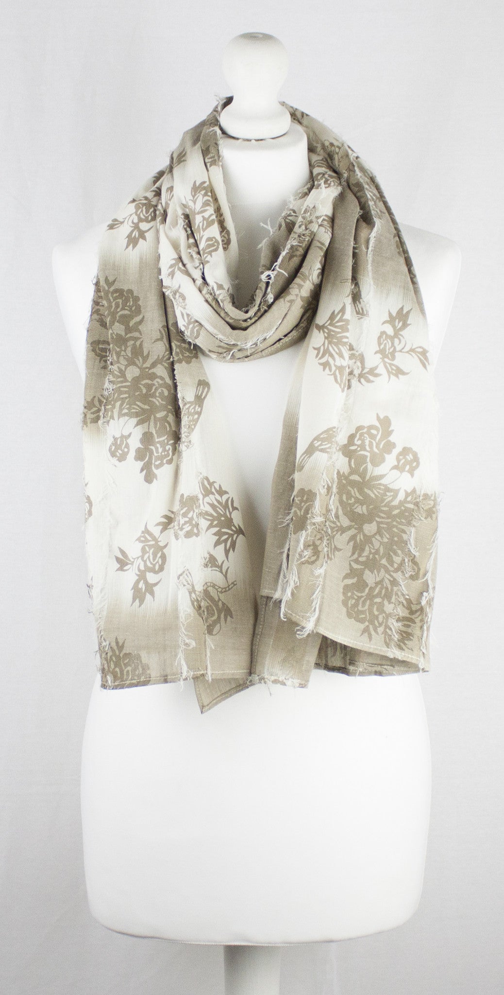 Frayed Stripes Printed Cotton Scarf -  Off- White Beige-1