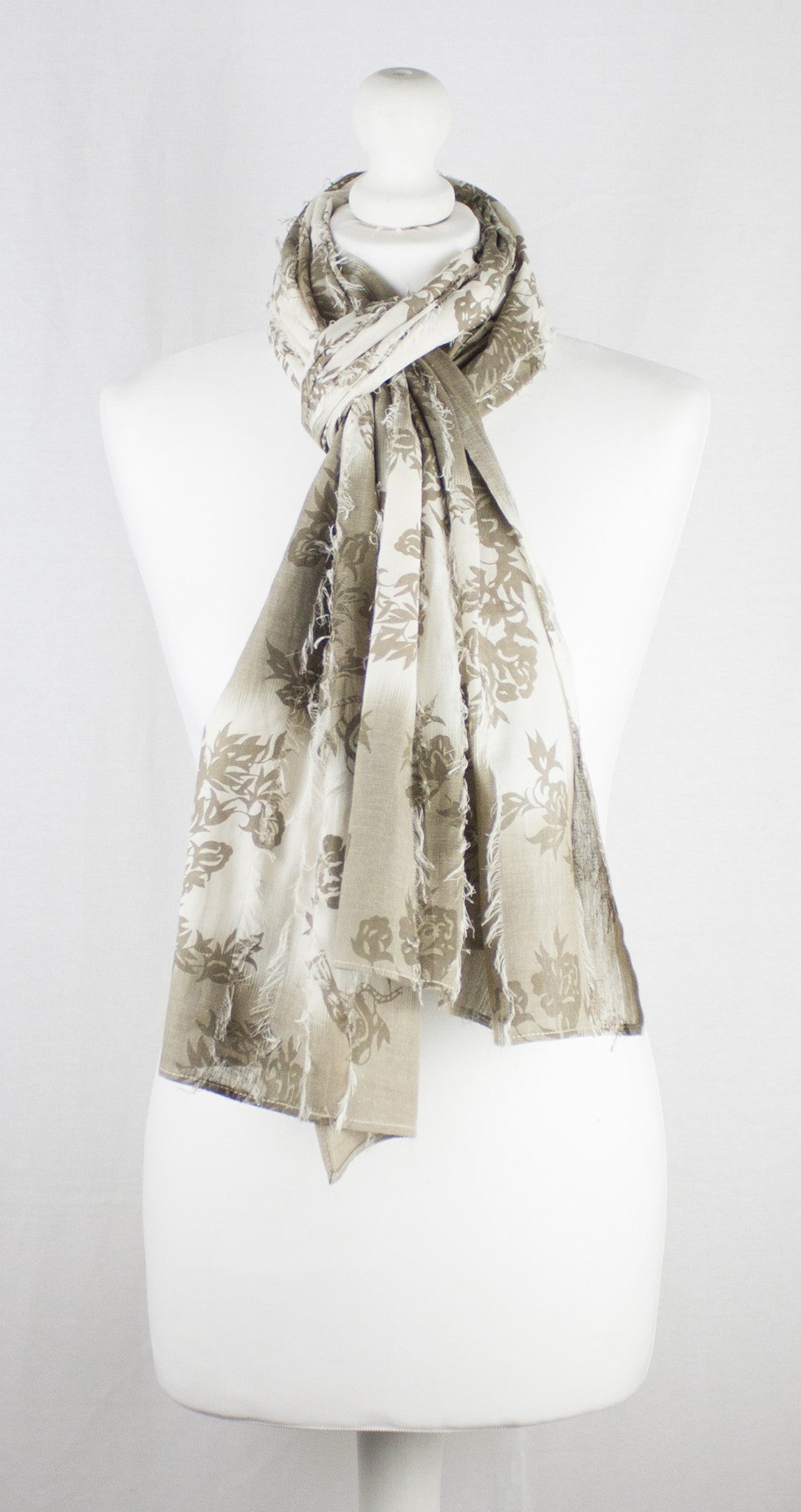 Frayed Stripes Printed Cotton Scarf -  Off- White Beige-2
