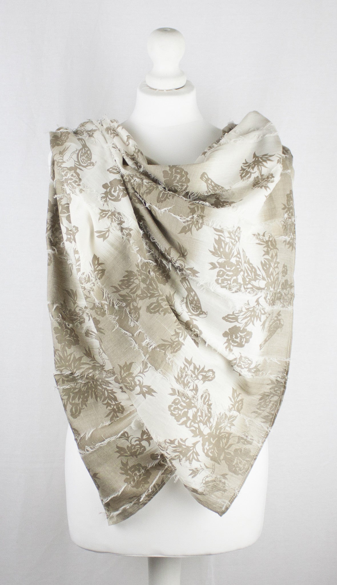Frayed Stripes Printed Cotton Scarf -  Off- White Beige-3