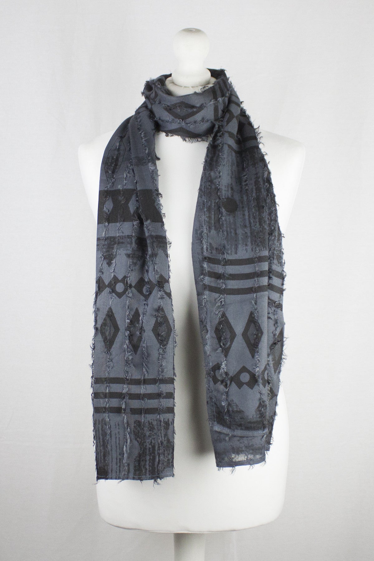 Frayed Stripes Block Printed Viscose Scarf - Grey Black-0