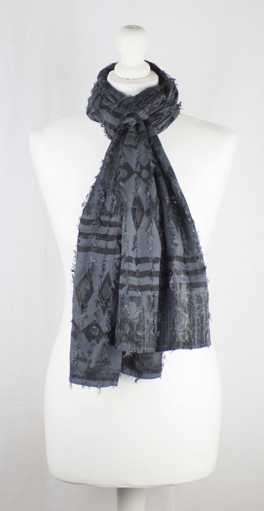Frayed Stripes Block Printed Viscose Scarf - Grey Black-1