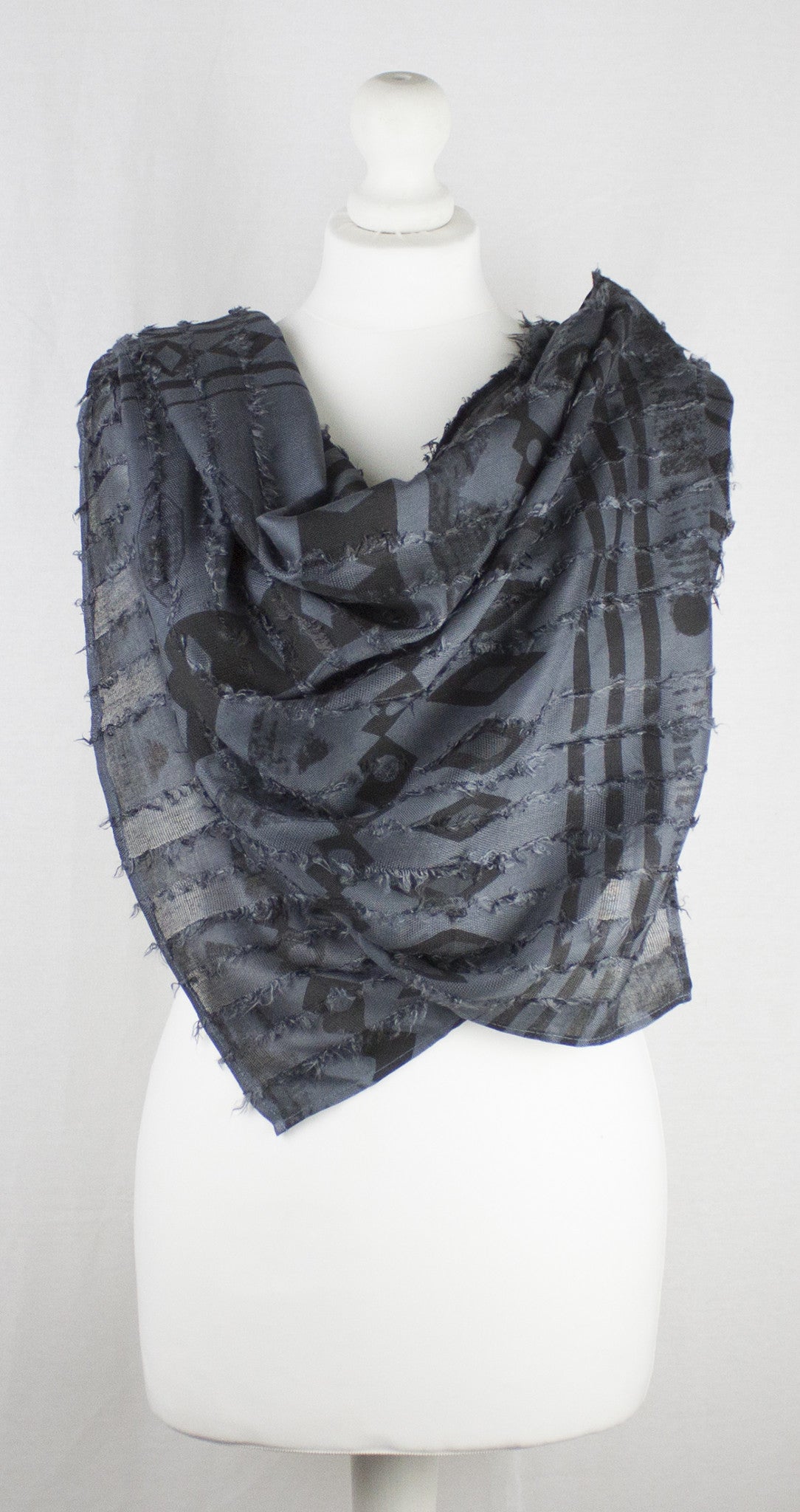Frayed Stripes Block Printed Viscose Scarf - Grey Black-2