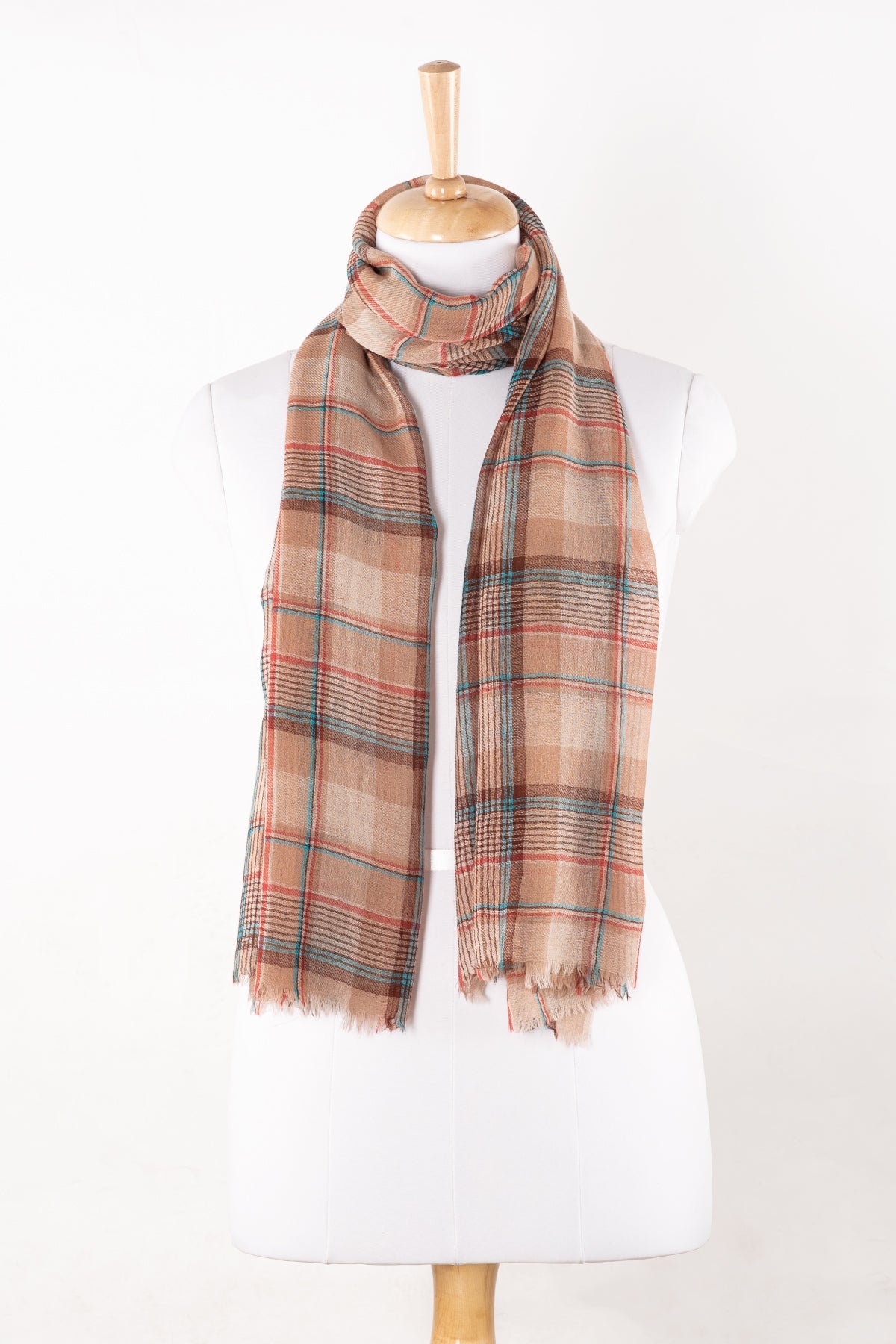 Yarn Dyed Twill Weave Checks Merino Wool Scarf - Fawn Multi-1
