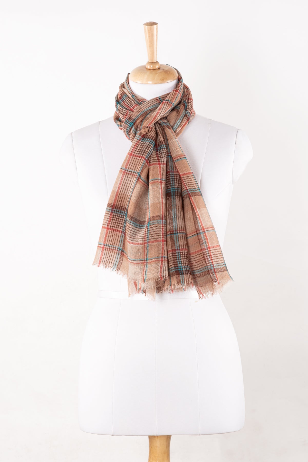 Yarn Dyed Twill Weave Checks Merino Wool Scarf - Fawn Multi-0