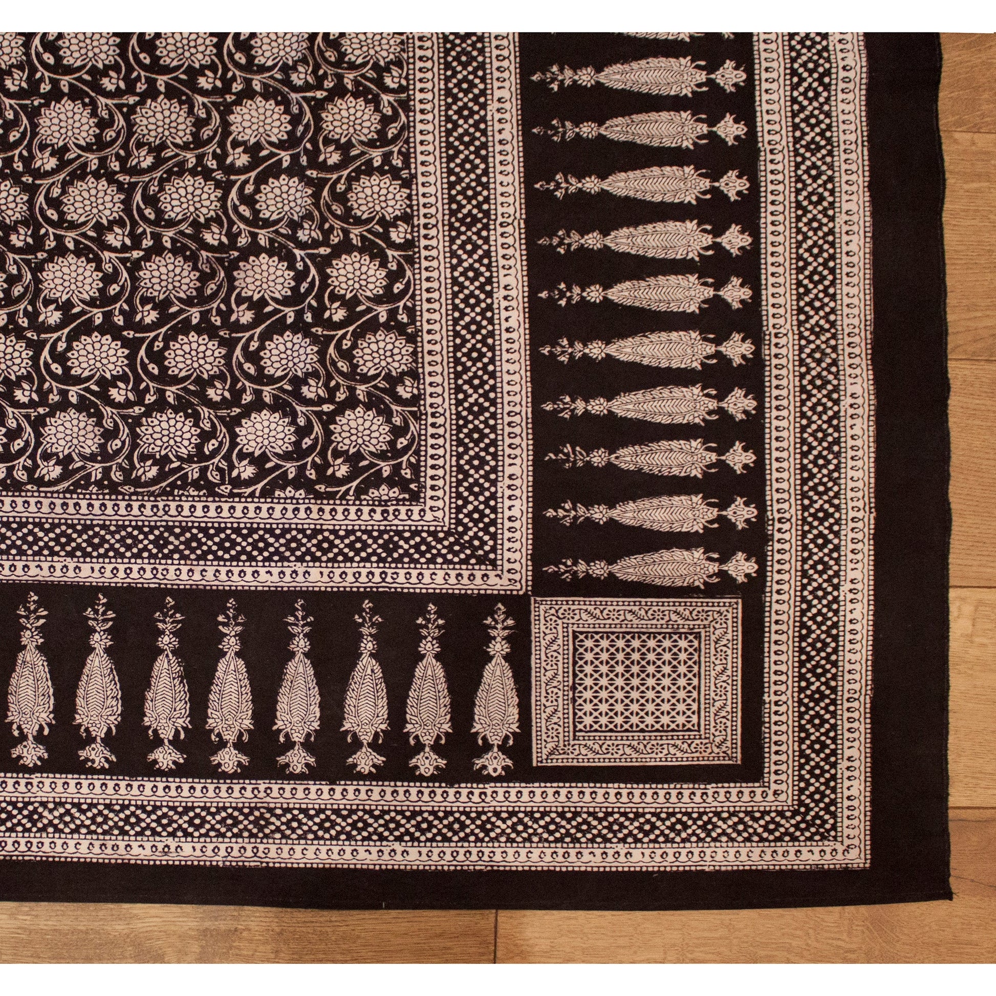 Traditional Floral & Paisley Hand-block Print Area Rug - White Black-2