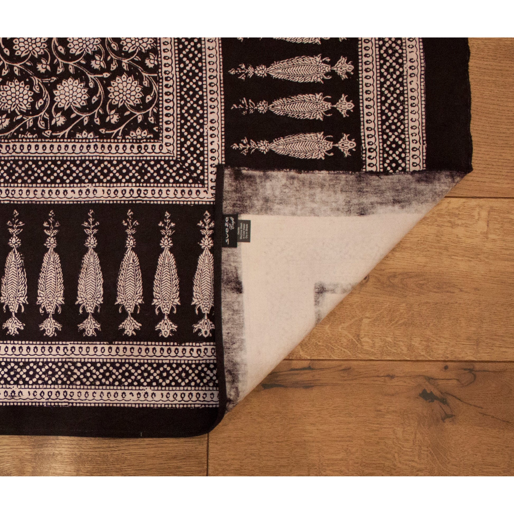Traditional Floral & Paisley Hand-block Print Area Rug - White Black-3