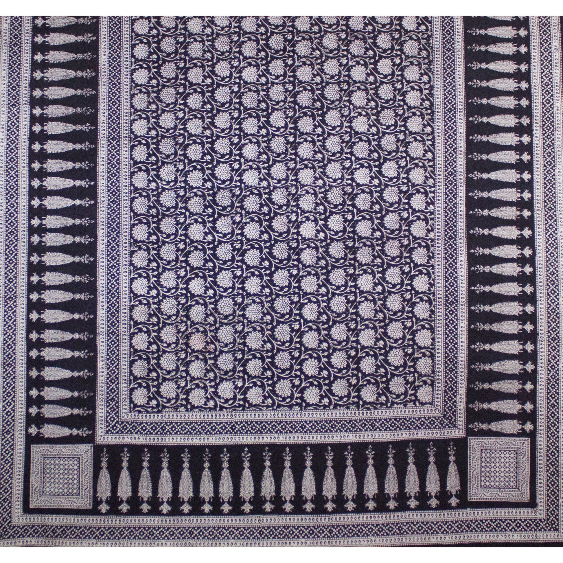 Traditional Floral & Paisley Hand-block Print Area Rug - White Black-4