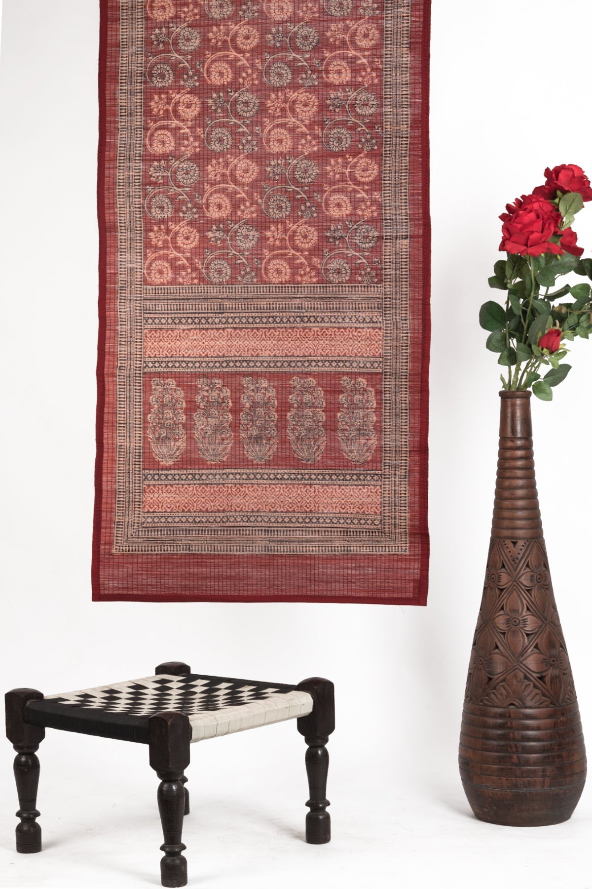 Floral Vine Bagh Hand Block Print Bamboo Wall Hanging - Red-0