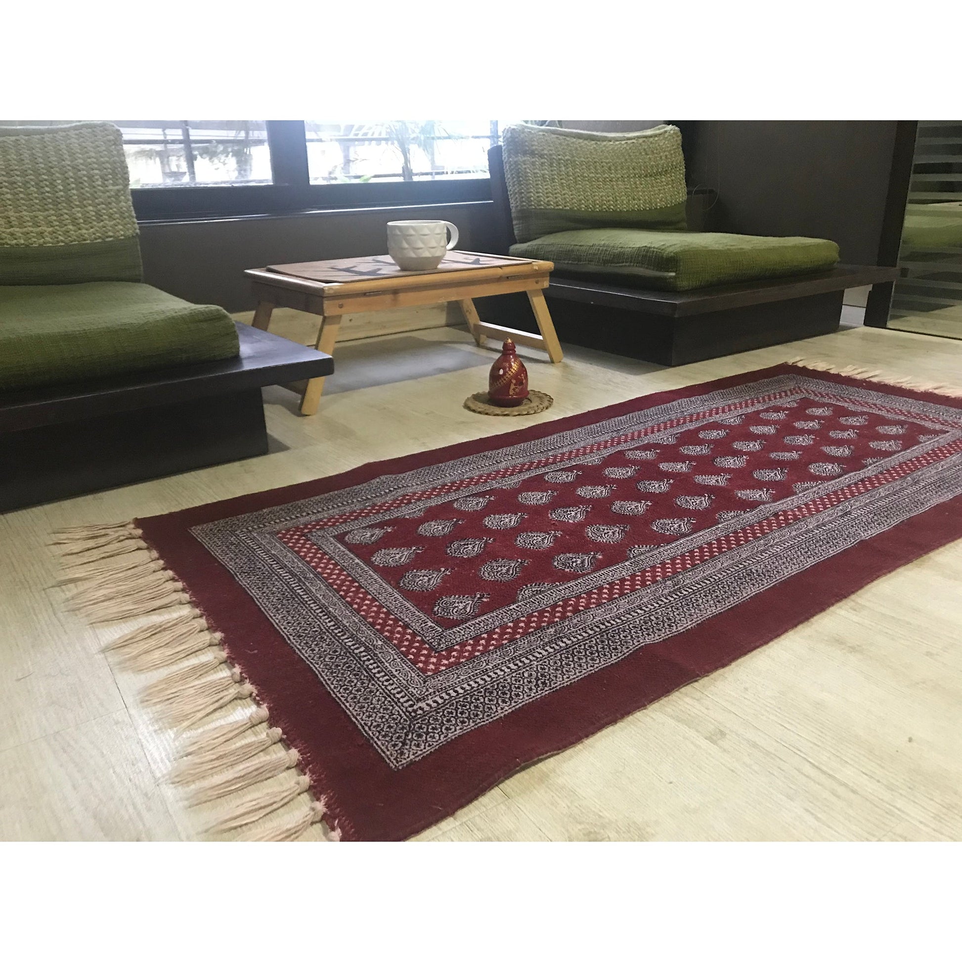 Paisley Jaal Hand-block Print Rug - Red White-1