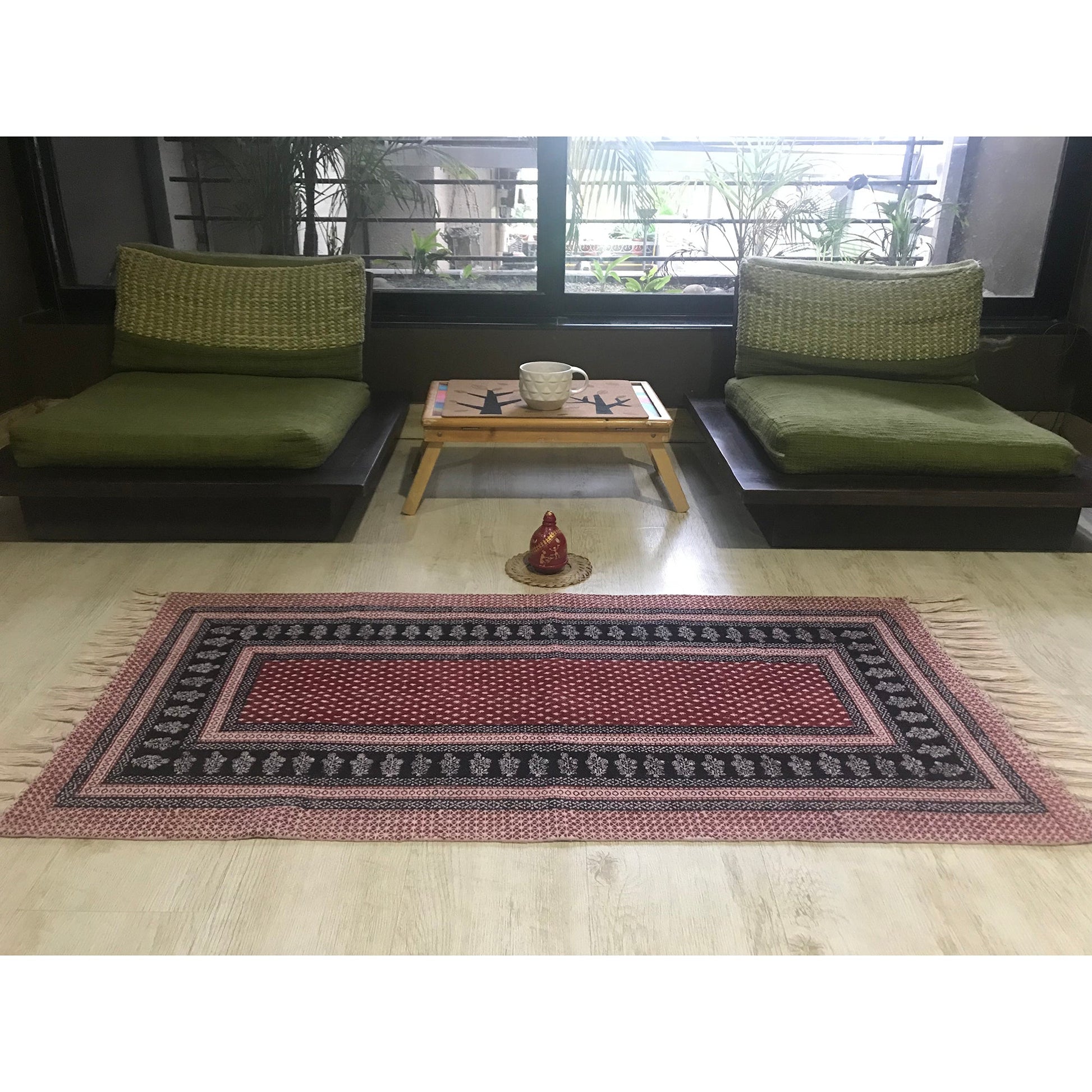 Dots & Floral Hand-block Print Rug - Red Black-0