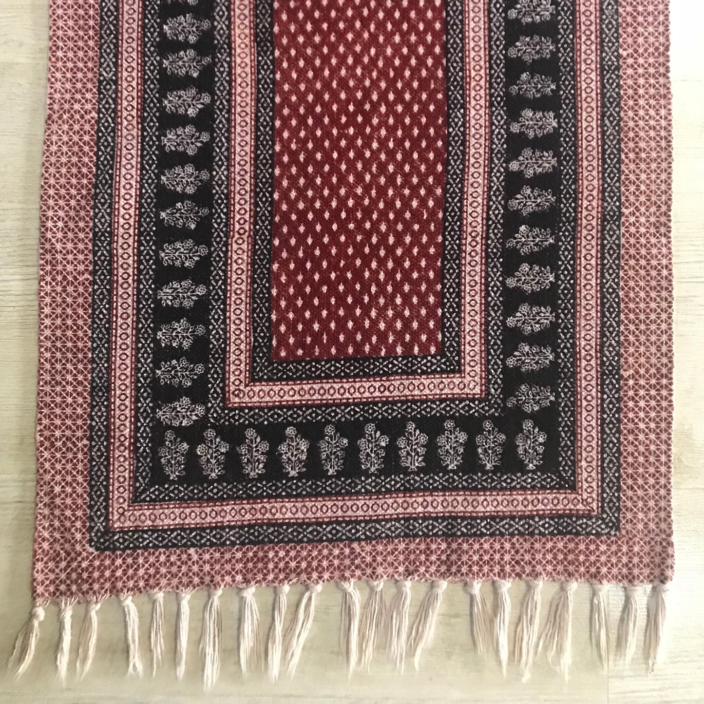 Dots & Floral Hand-block Print Rug - Red Black-1