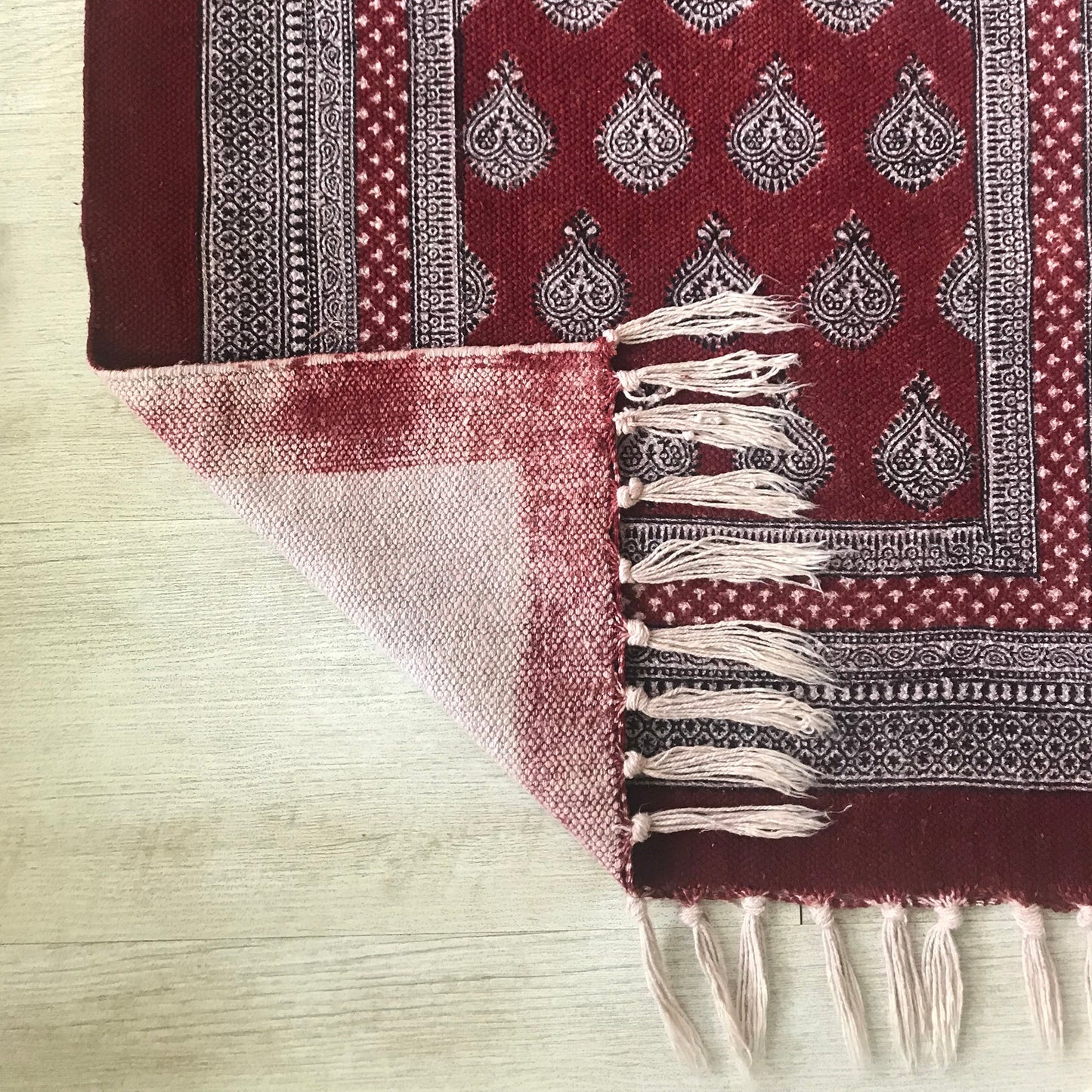 Paisley Jaal Hand-block Print Rug - Red White-5