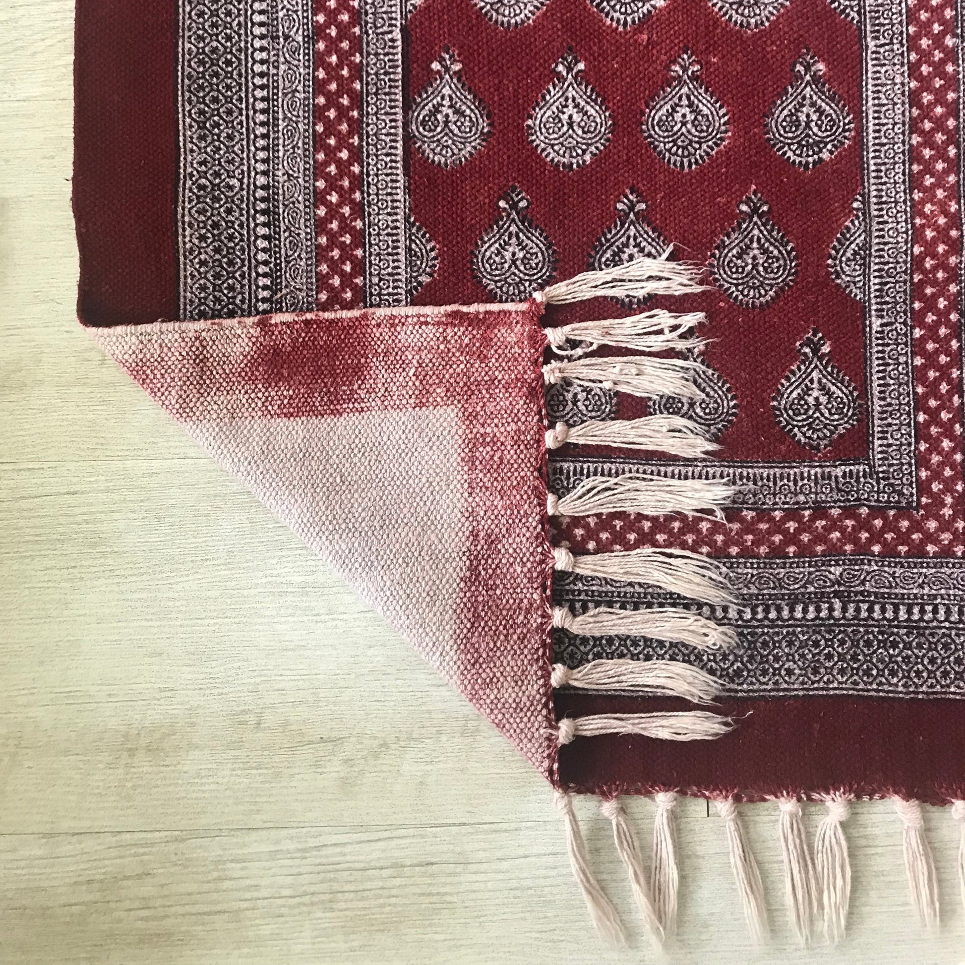 Paisley Jaal Hand-block Print Rug - Red White-5