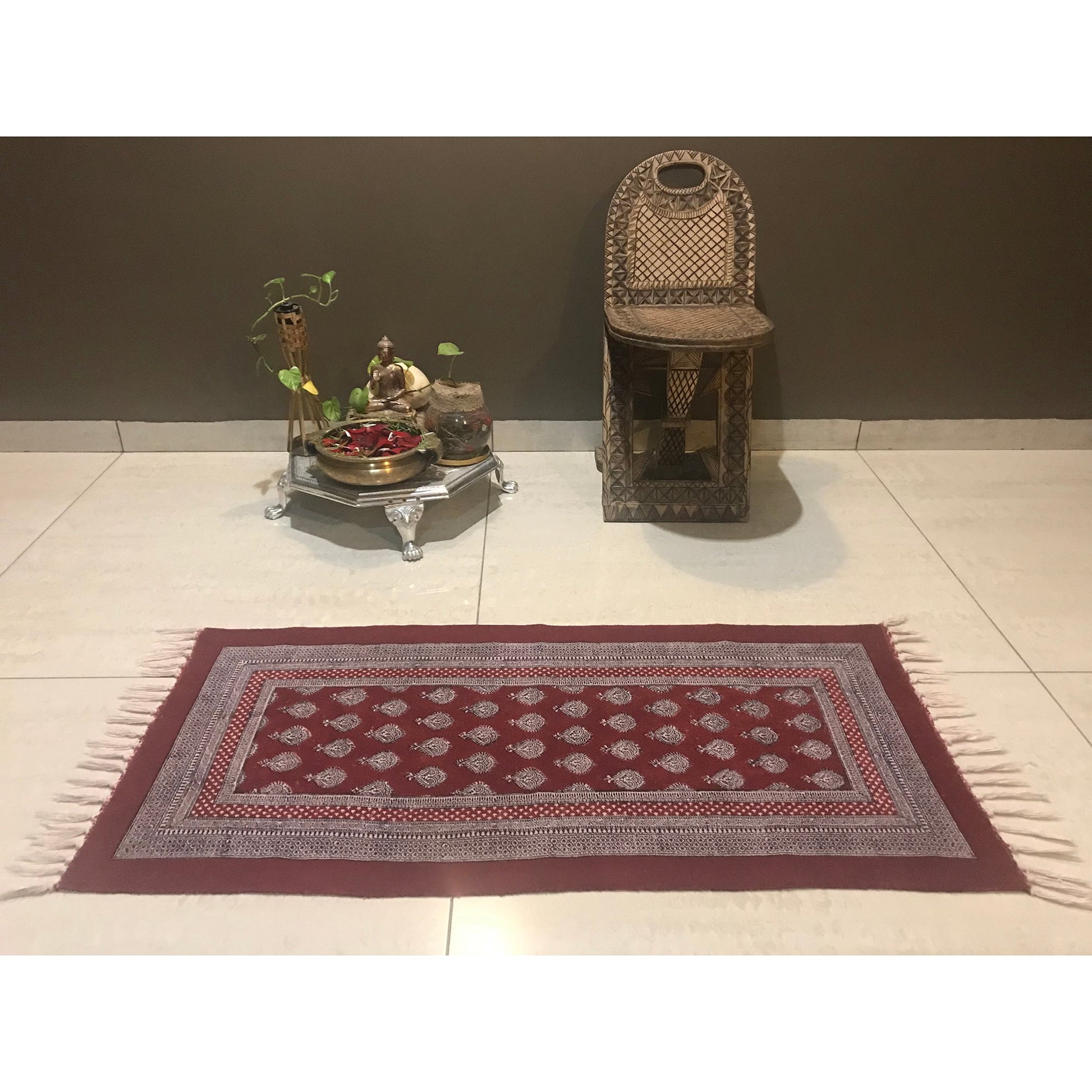 Paisley Jaal Hand-block Print Rug - Red White-6