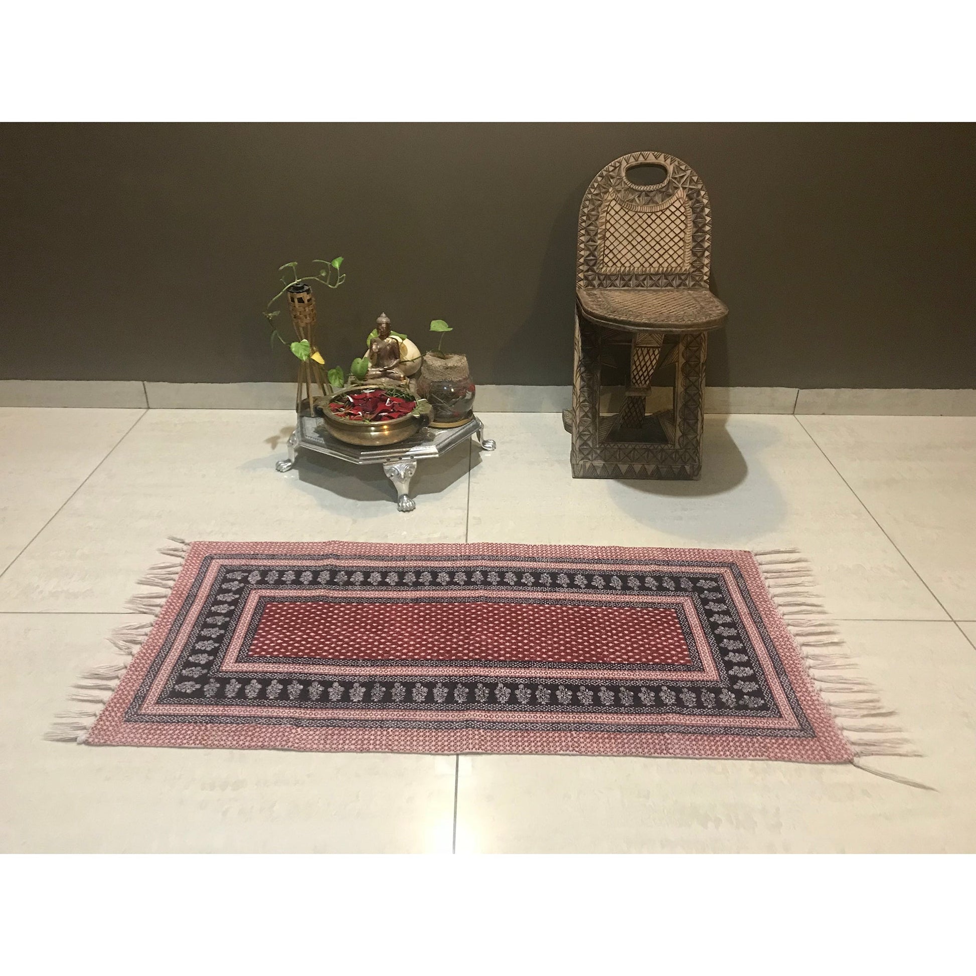Dots & Floral Hand-block Print Rug - Red Black-4